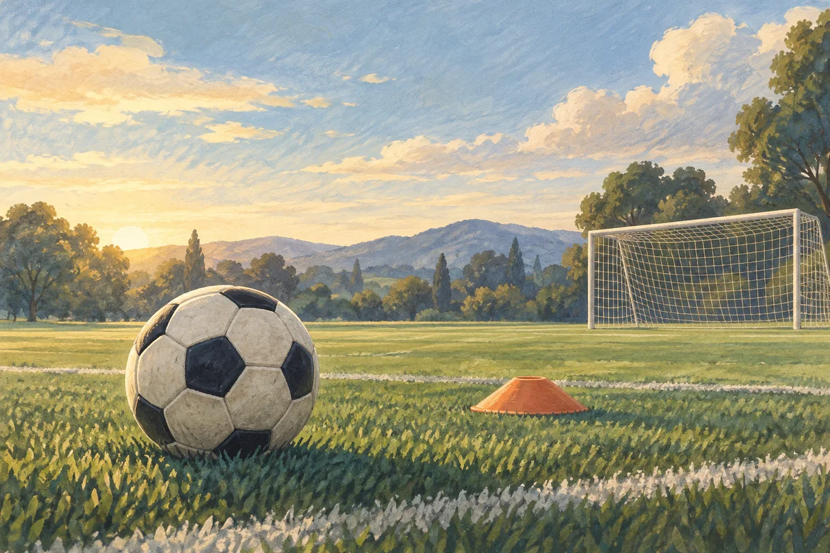 Ballon, cône d’entraînement et but sur un terrain de football.